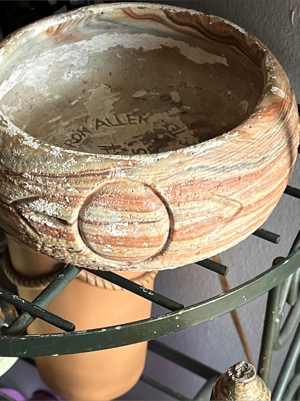 Vintage Comanche,Texas Art Pottery BowlSigned Ron Allen Canyon Earth-tone Swirl